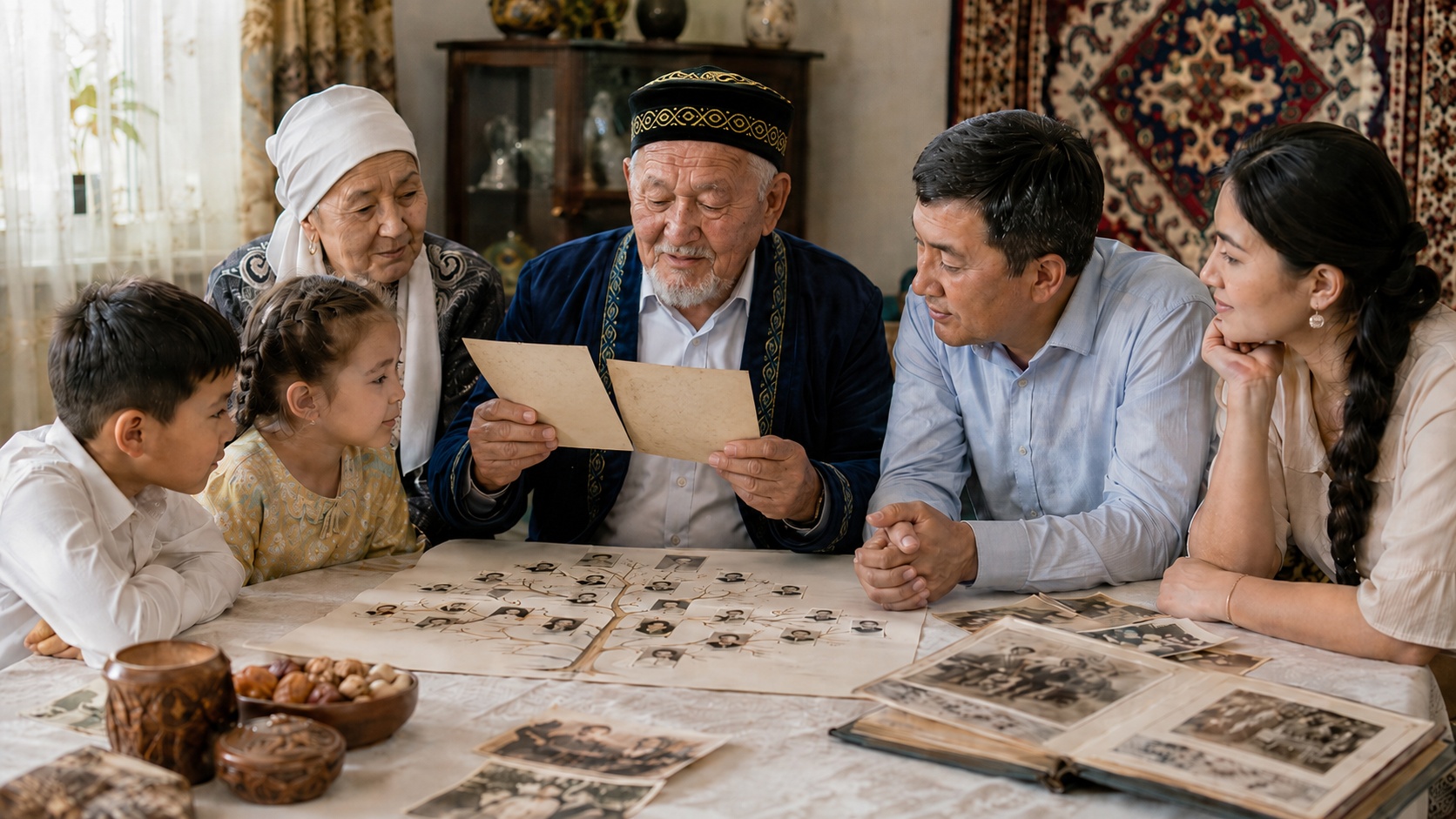 Үш буын өкілдері отбасылық фотосуреттер арқылы шежірені талқылап отыр